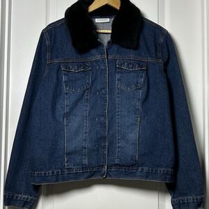 Villager Liz Claiborne‎ Vintage Y2K Dark Wash Blue Denim Faux Fur Collar Jacket